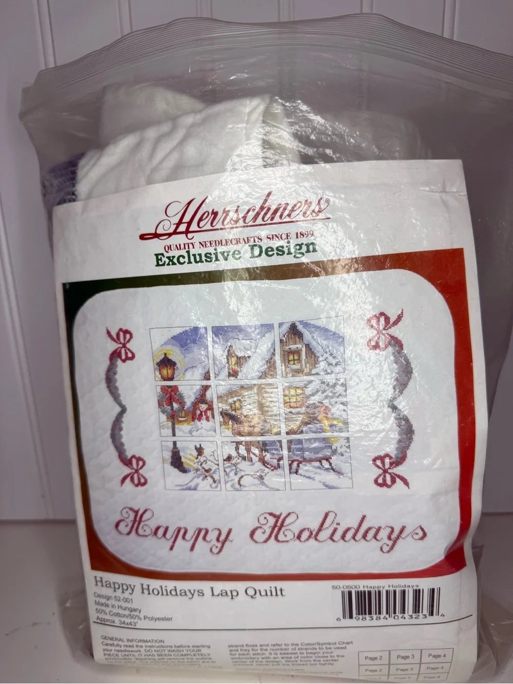 Vintage Herrschners Happy Holidays Lap Quilt Cross Stitch Kit Christmas #52-001